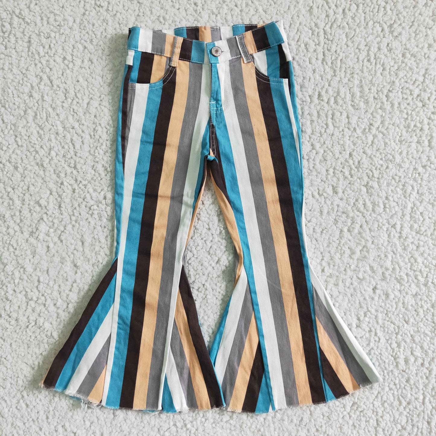 P0002 Blue White Orange Grey Striped Girls Bell Pants Denim Jeans