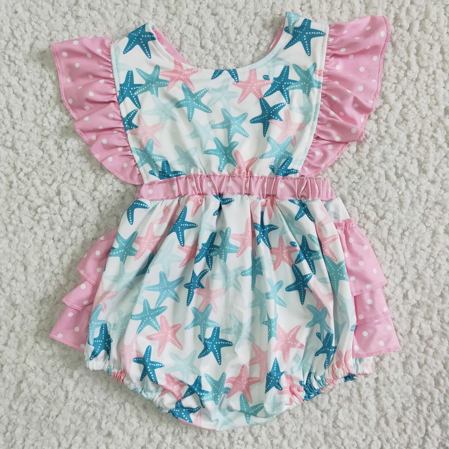 SR0022 Starfish Blue Pink Starts Girls Flutter Sleeve Romper