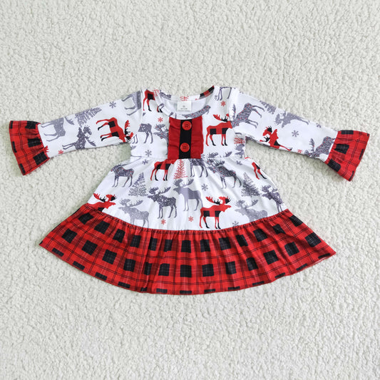 6 A30-11 Christmas Red Deer Plaid Girls Long Sleeve Dresses