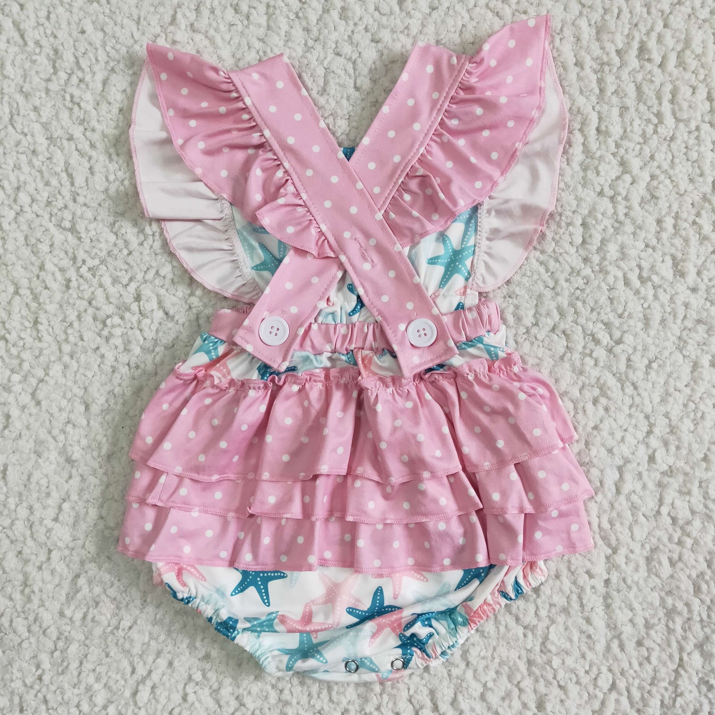 SR0022 Starfish Blue Pink Starts Girls Flutter Sleeve Romper