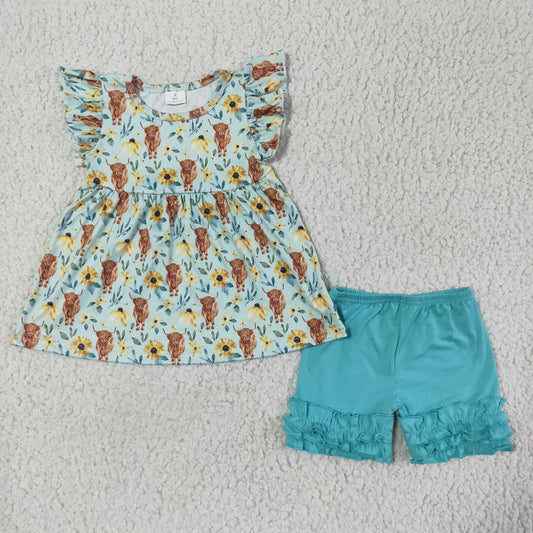 GSSO0106 Green Blue Sunflower Highland Cows Girls Flutter Sleeve Shorts Outfits