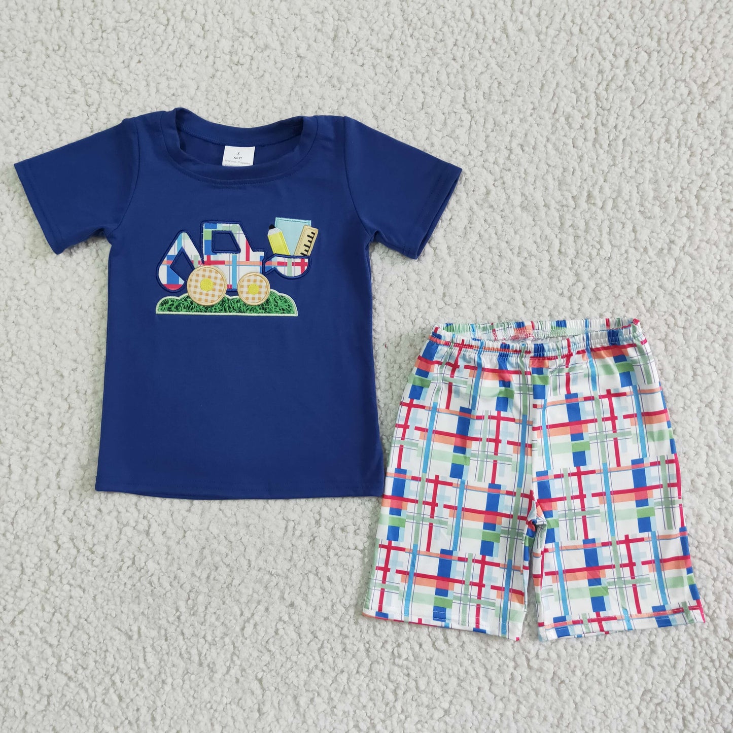 BSSO0051 Blue Plaid Truck Tructor Excavator Car Embroidery Boys Short Sleeve Shorts Outfits