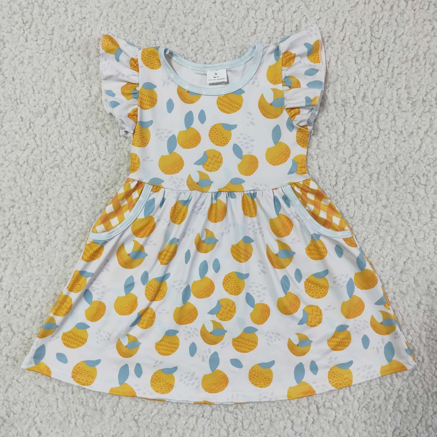 GSD0074 Yellow Orange Lemon Fruits Pockets Girls Flutter Sleeve Dresses