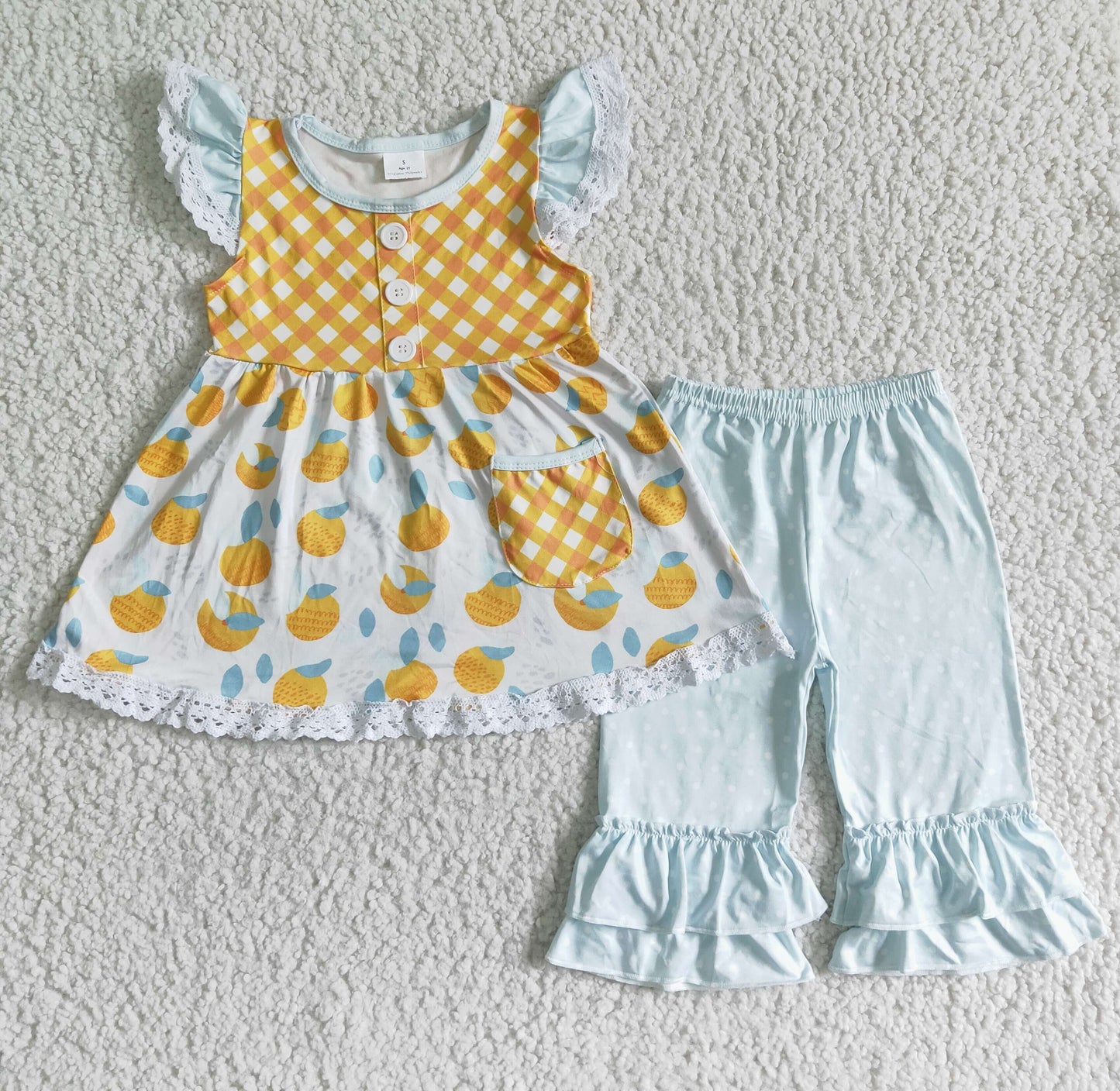 GSSO0092 Yellow Blue Orange Lemon Fruits Pockets Girls Flutter Sleeve Pants Outfits