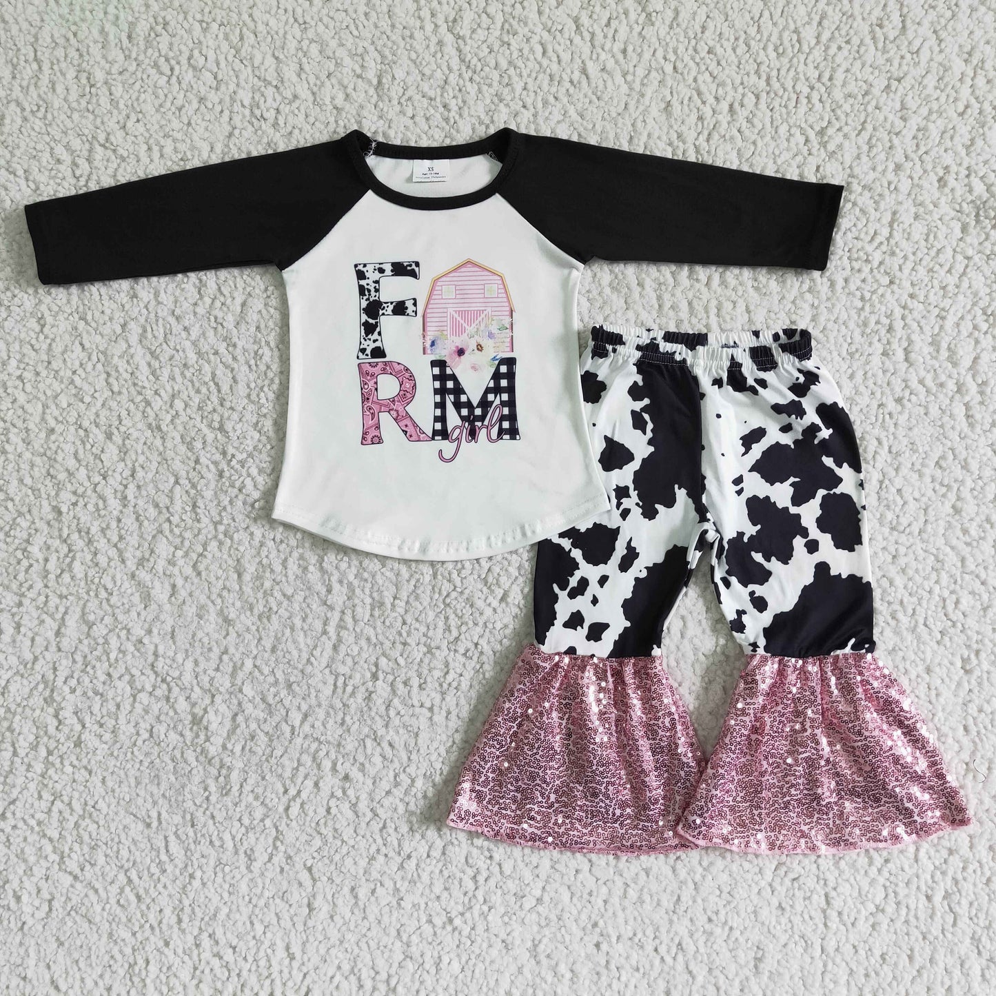 Clearance 6 A6-15 Cow Prints Farm Pink Sequin Girls Long Sleeve Bell Bottom Pants Outfits