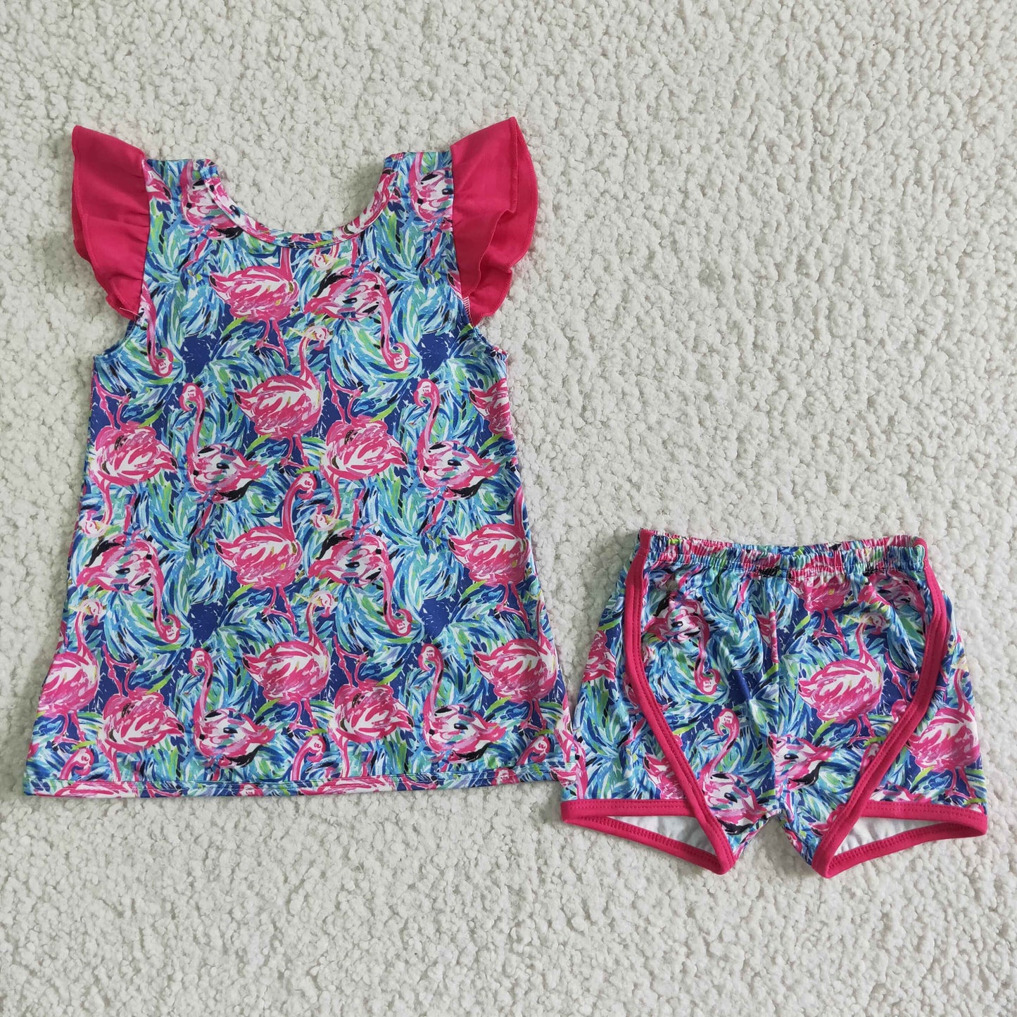 GSSO0100 Pink Blue Flamingo Girls Short Sleeve Shorts Outfits