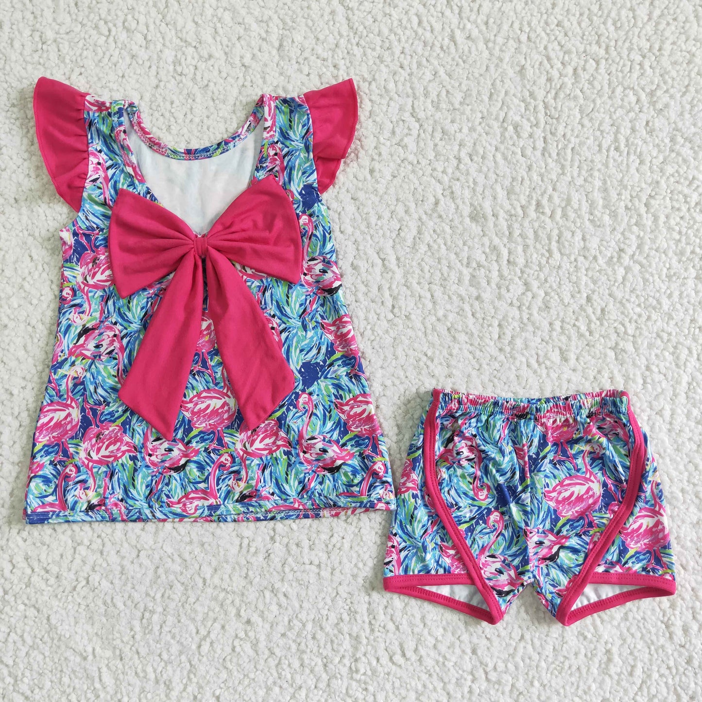 GSSO0100 Pink Blue Flamingo Girls Short Sleeve Shorts Outfits