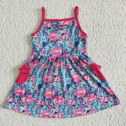 GSD0078 Pink Blue Flamingo Girls Sleeveless Dresses