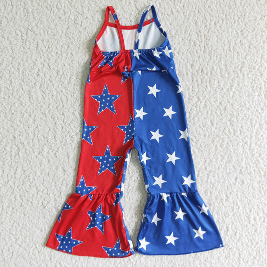 SR0058 4th Of July Flag Starts Blue Red Girls Sleeveless Jumpsuit