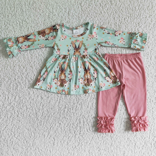 Clearance 6 B10-36 Easter Rabbits Pink Floral Tunic Girls Long Sleeve Pants Outfits