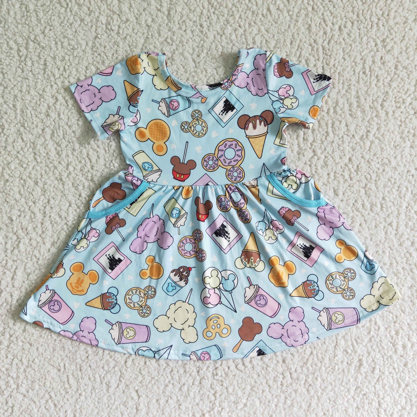 Clearance D6-5 Blue Cartoon Girls Short Sleeve Dresses