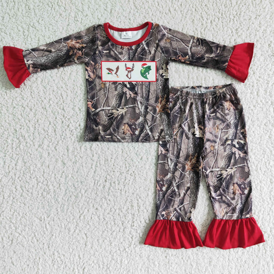 Clearance 6 C9-4  Christmas Red Leaves Leaf Camo Girls Long Sleeve Pajamas