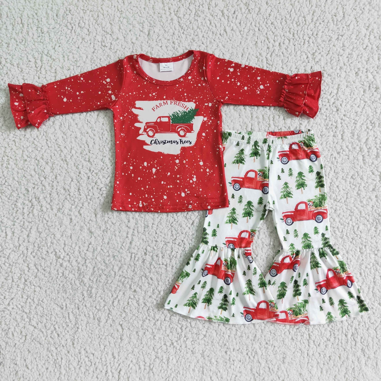 6 A17-29 Christmas Tree Car Red Girls Long Sleeve Bell Bottom Pants Outfits