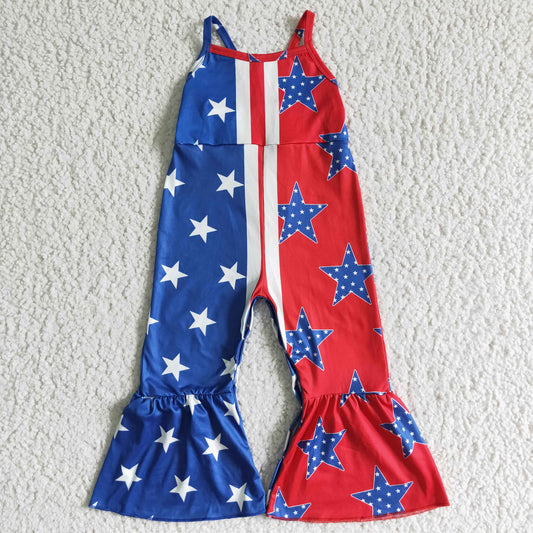 SR0058 4th Of July Flag Starts Blue Red Girls Sleeveless Jumpsuit