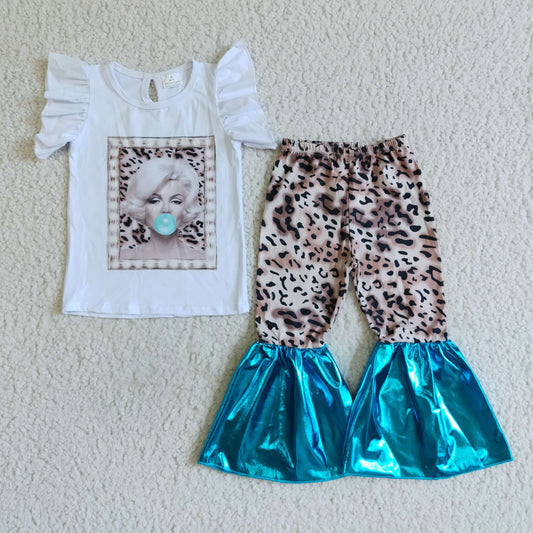 Clearance B4-13 Singer Character Blue Leopard Print Girls Short Sleeve Bell Bottom Pants Outfits