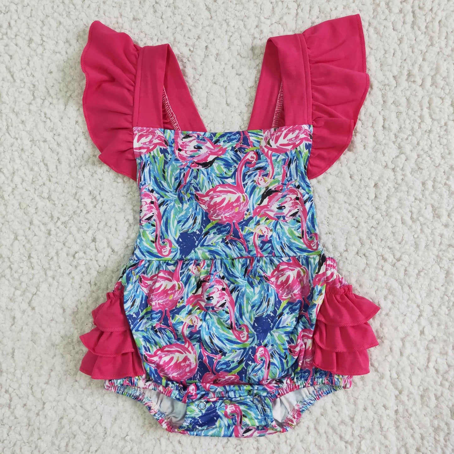 SR0038 Pink Purple Blue Flamingo Girls Short Sleeve Romper