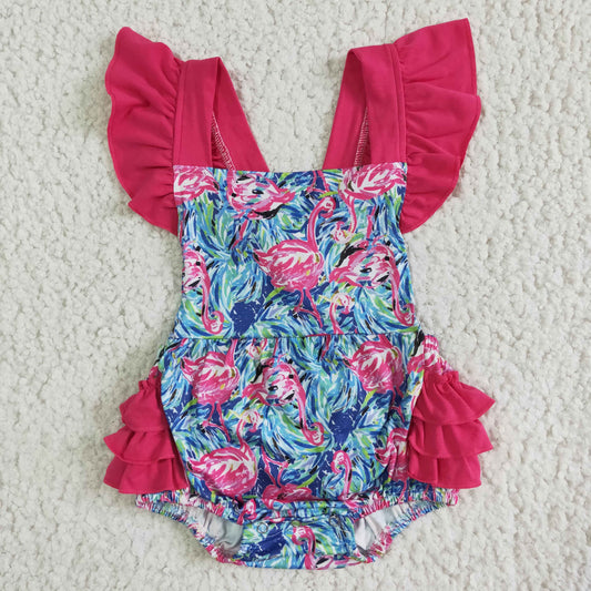 SR0038 Pink Purple Blue Flamingo Girls Short Sleeve Romper