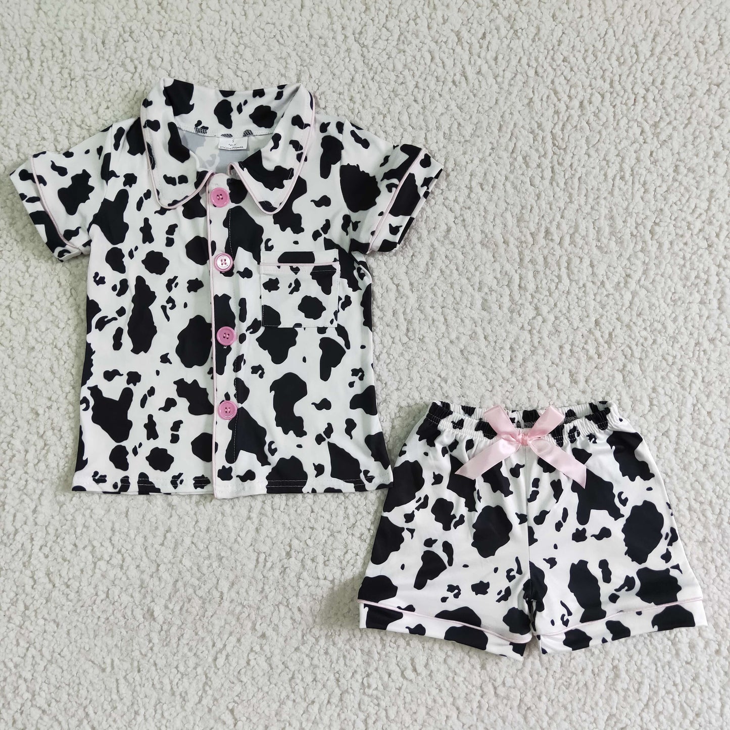 GSSO0113 Black Cow Print Collar Girls Short Sleeve Pajamas