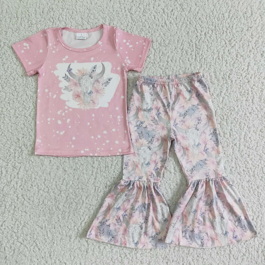 GSPO0072 Pink Highland Cows Girls Short Sleeve Bell Bottom Pants Outfits