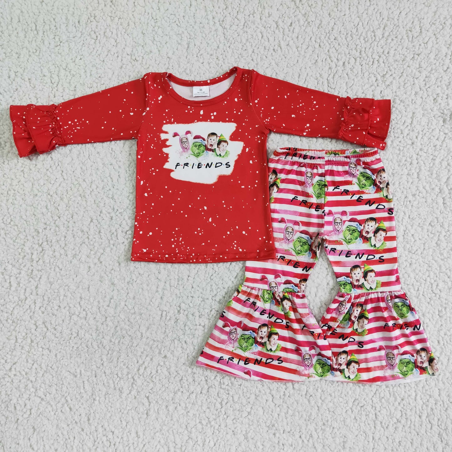 Clearance 6 C6-17 Christmas Red Green Cartoon Girls Long Sleeve Bell Bottom Pants Outfits