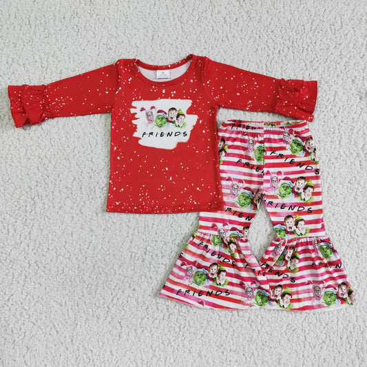 Clearance 6 C6-17 Christmas Red Green Cartoon Girls Long Sleeve Bell Bottom Pants Outfits