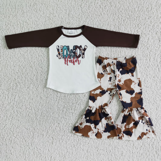 Clearance 6 C8-25 Brown Howdy Heifer Cow Print Girls Long Sleeve Bell Bottom Pants Outfits