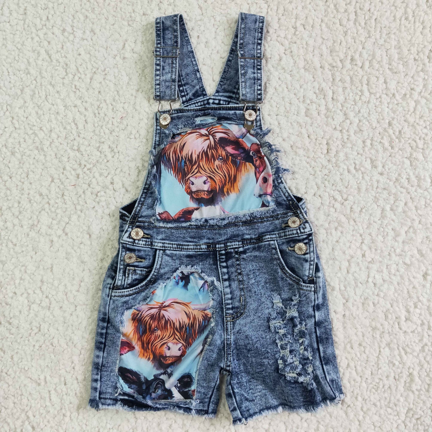 SS0023 Highland Cows Blue Distress Overalls Denim Jeans