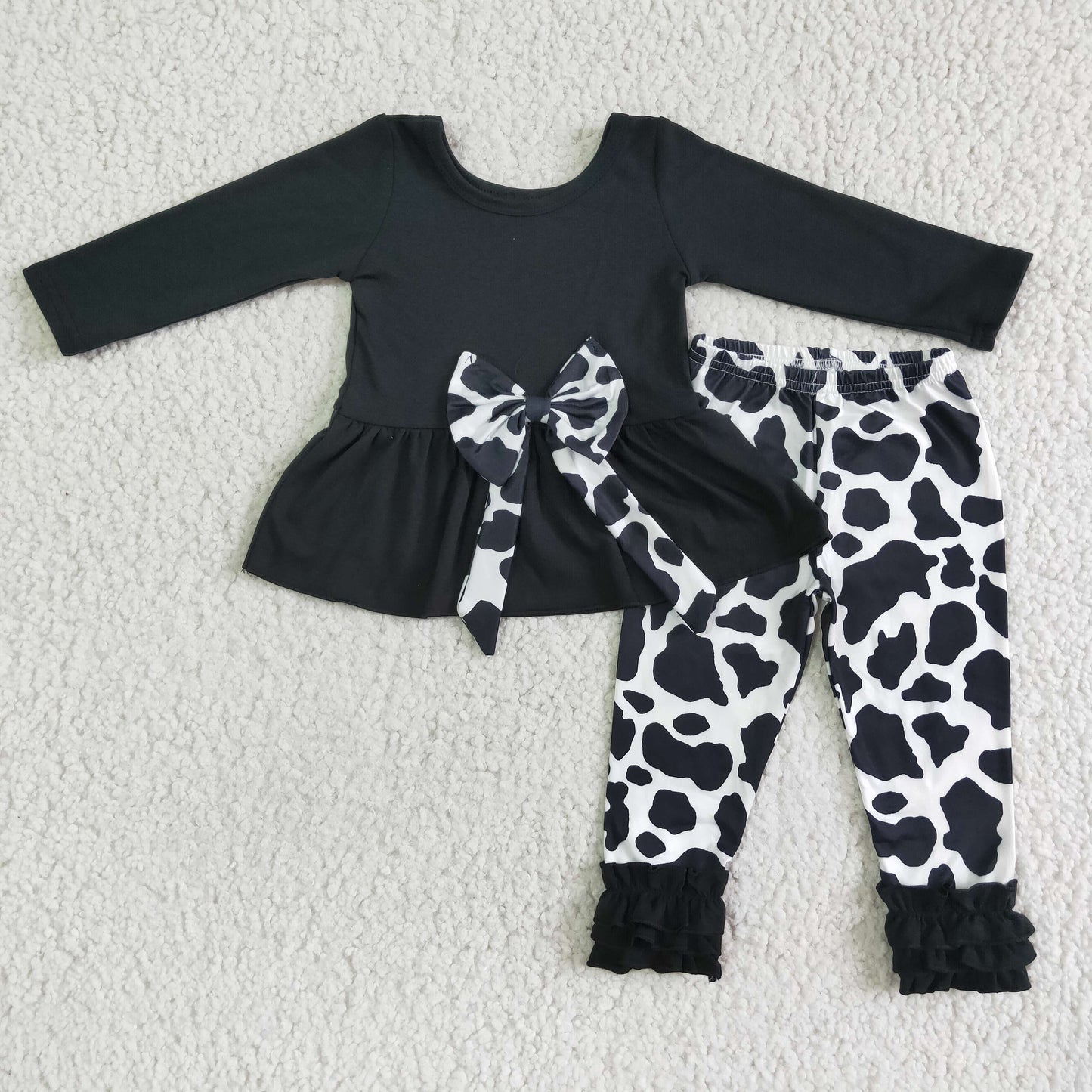 Clearance 6 A16-26 Black White Cow Print Bow Tunic Girls Long Sleeve Pants Outfits