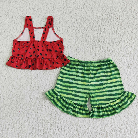 B0-28 Watermelon Red Green Stripes Girls Sleeveless Shorts Outfits