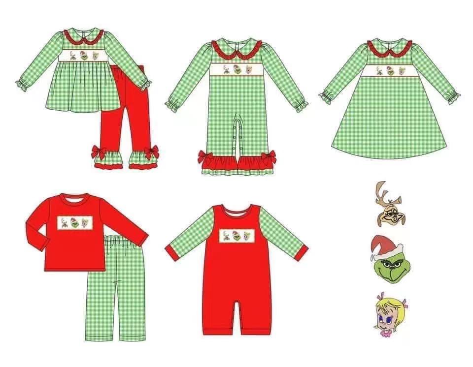 GLD0009 Christmas Green Red Cartoon Embroidery Girls Long Sleeve Dresses