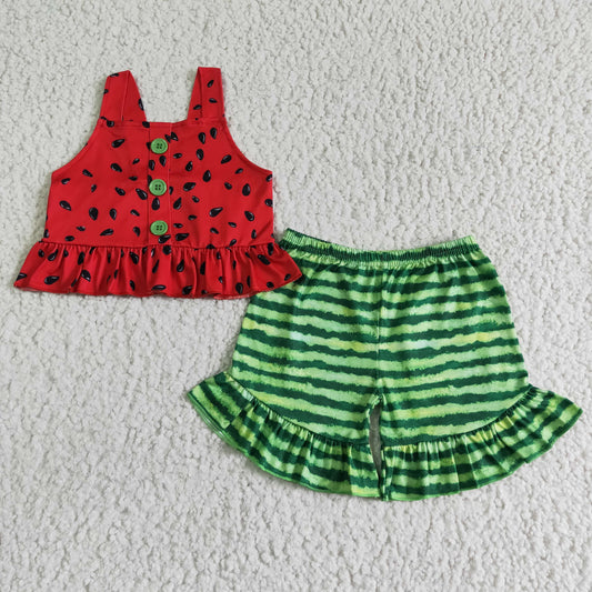 B0-28 Watermelon Red Green Stripes Girls Sleeveless Shorts Outfits