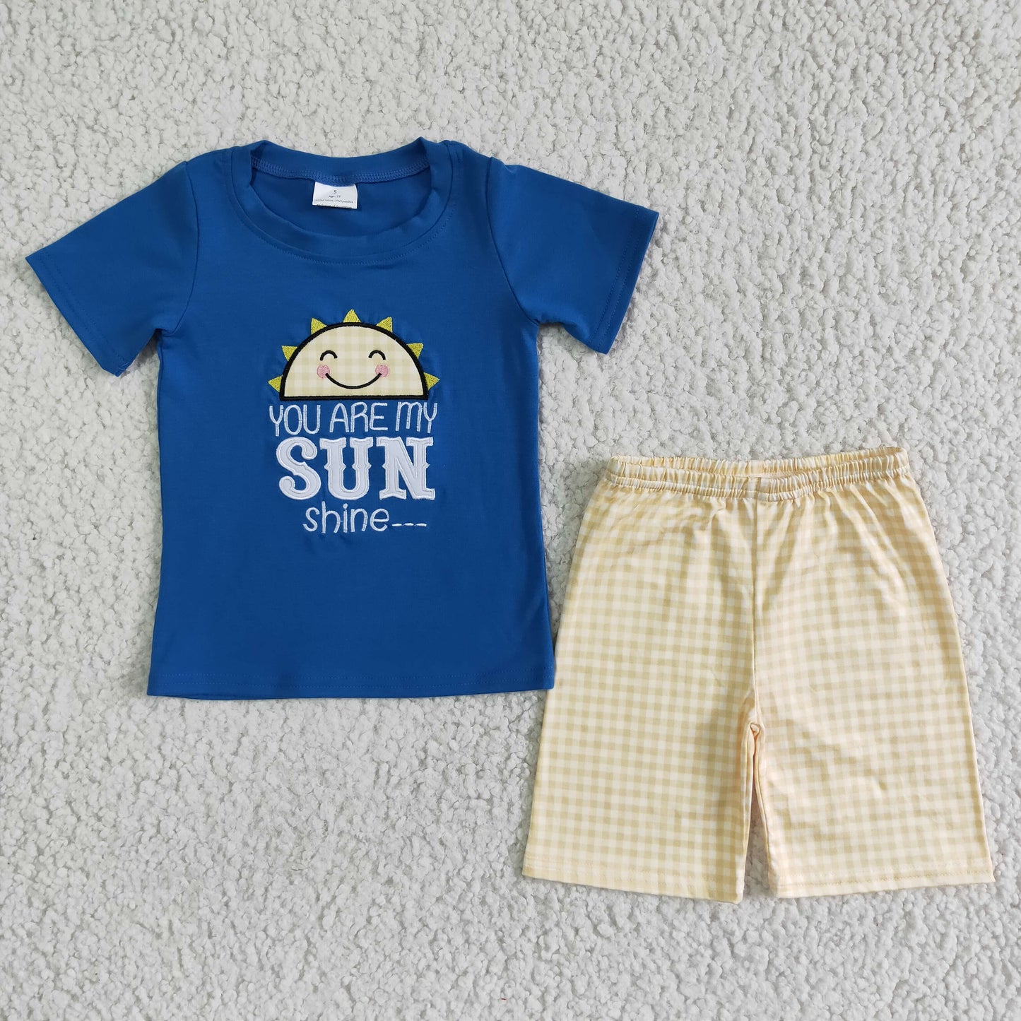 BSSO0057 Blue Yellow You Are My Sun Shine Embroidery Boys Short Sleeve Shorts Outfits