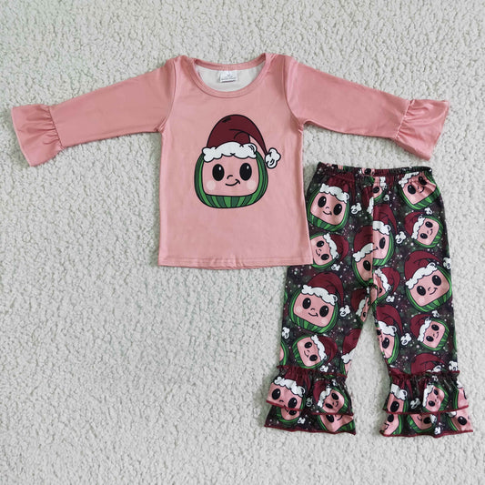 Clearance 6 A5-12 Christmas Pink Cartoon Santa Girls Long Sleeve Bell Bottom Pants Outfits