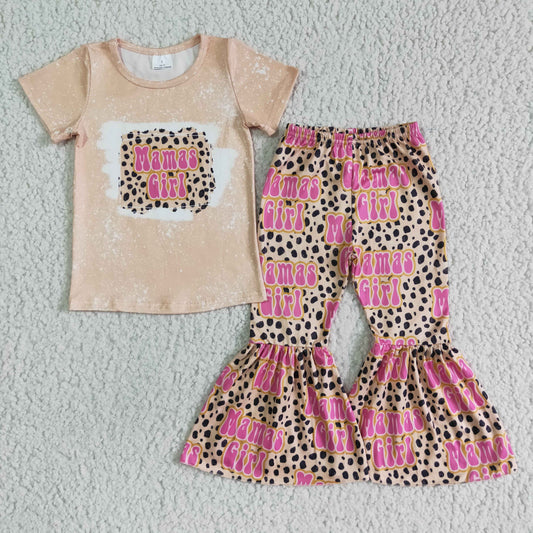 GSPO0078 Pink Mamas Leopard Girls Short Sleeve Bell Bottom Pants Outfits