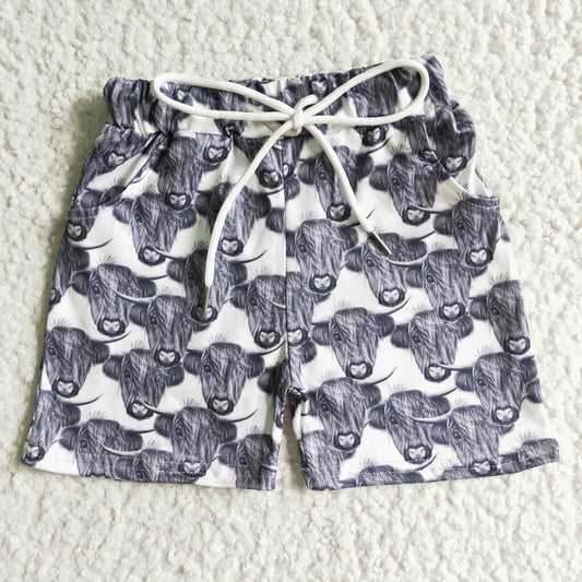 SS0001 Summer Black White Highland Cows Ruffles Boys Shorts Pants