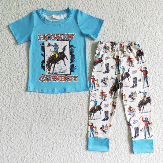 Clearance BSPO0004 Blue Howdy Cowboy Rodeo Boys Short Sleeve Pants Outfits