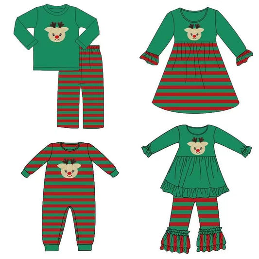 GLP0046 Christmas Green Red Stripes Deer Cartoon Embroidery Tunic Girls Long Sleeve Pants Outfits