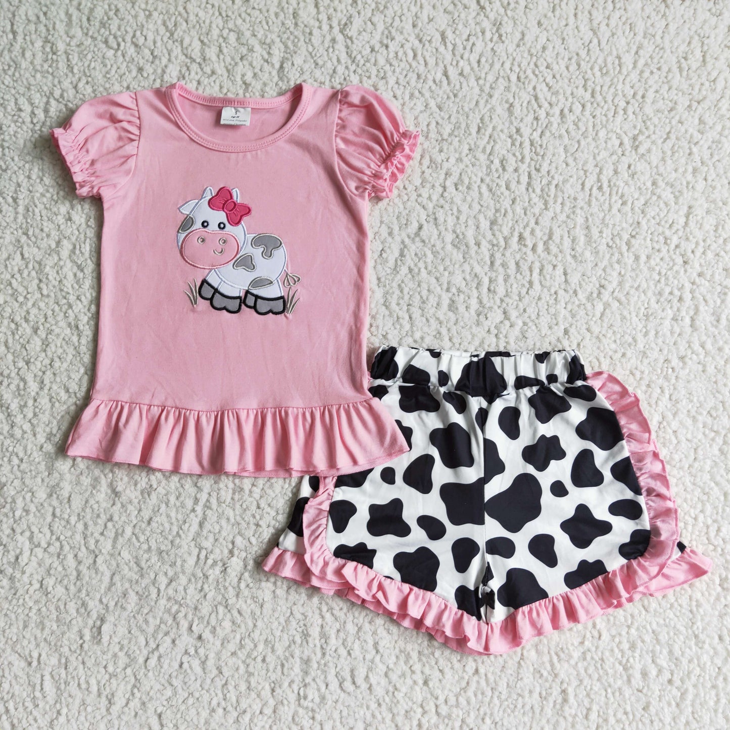 GSSO0105 Pink Cow Print Embroidery Girls Short Sleeve Shorts Outfits