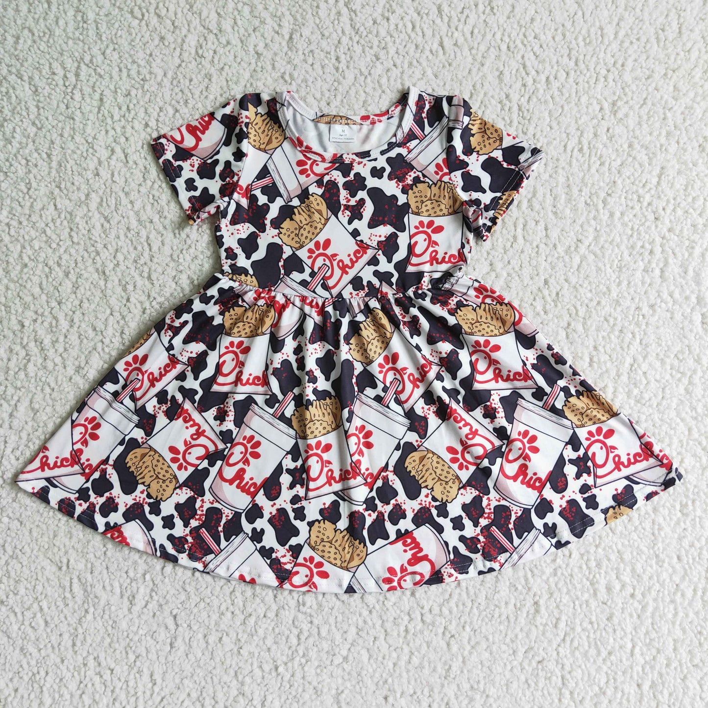 GSD0093 Red Black Chicken Cow Print Girls Short Sleeve Dresses