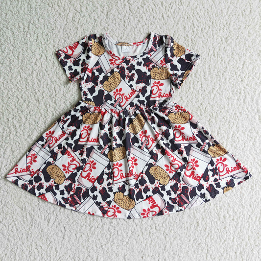 GSD0093 Red Black Chicken Cow Print Girls Short Sleeve Dresses