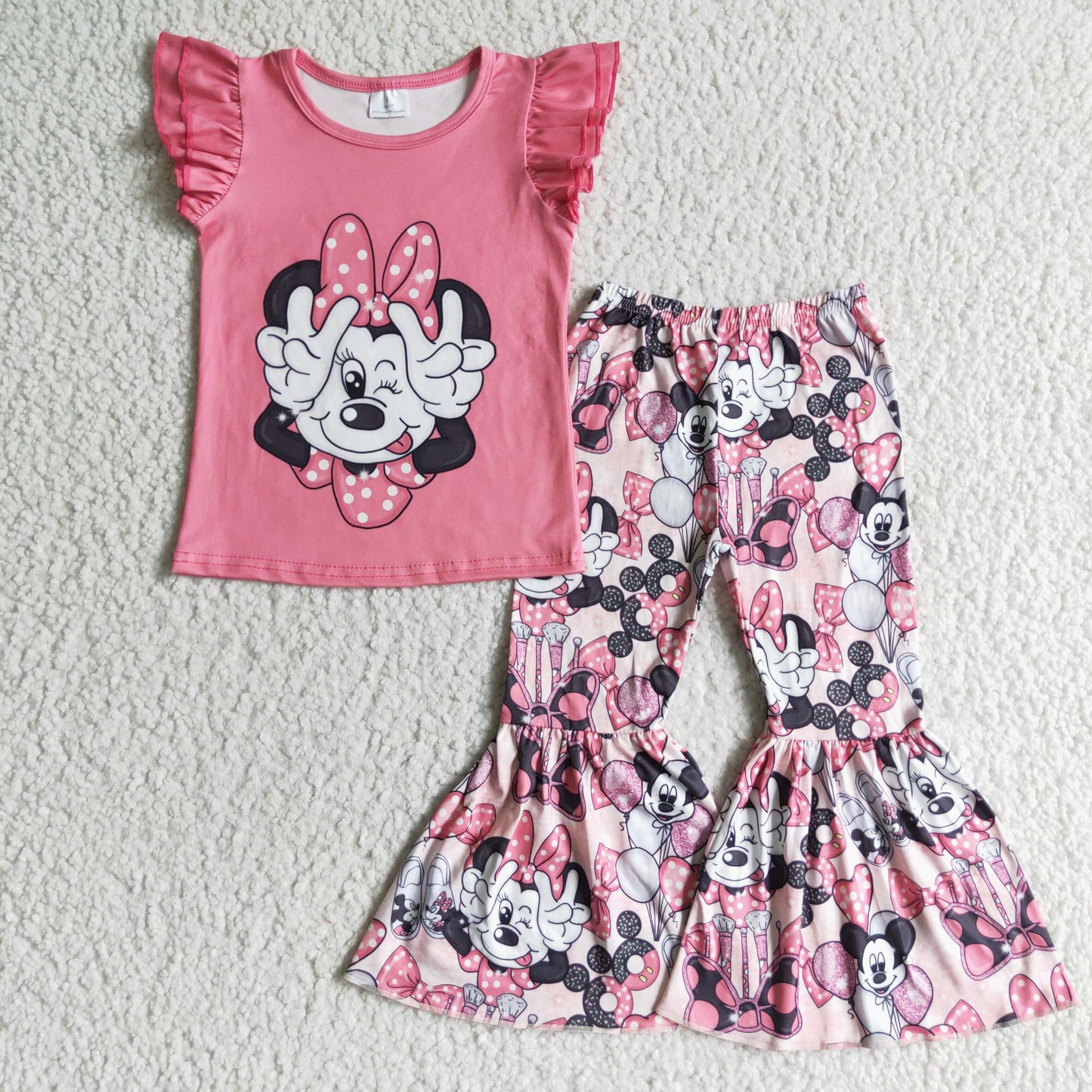 GSPO0092 Pink Mouse Cartoon Girls Flutter Sleeve Bell Bottom Pants Outfits