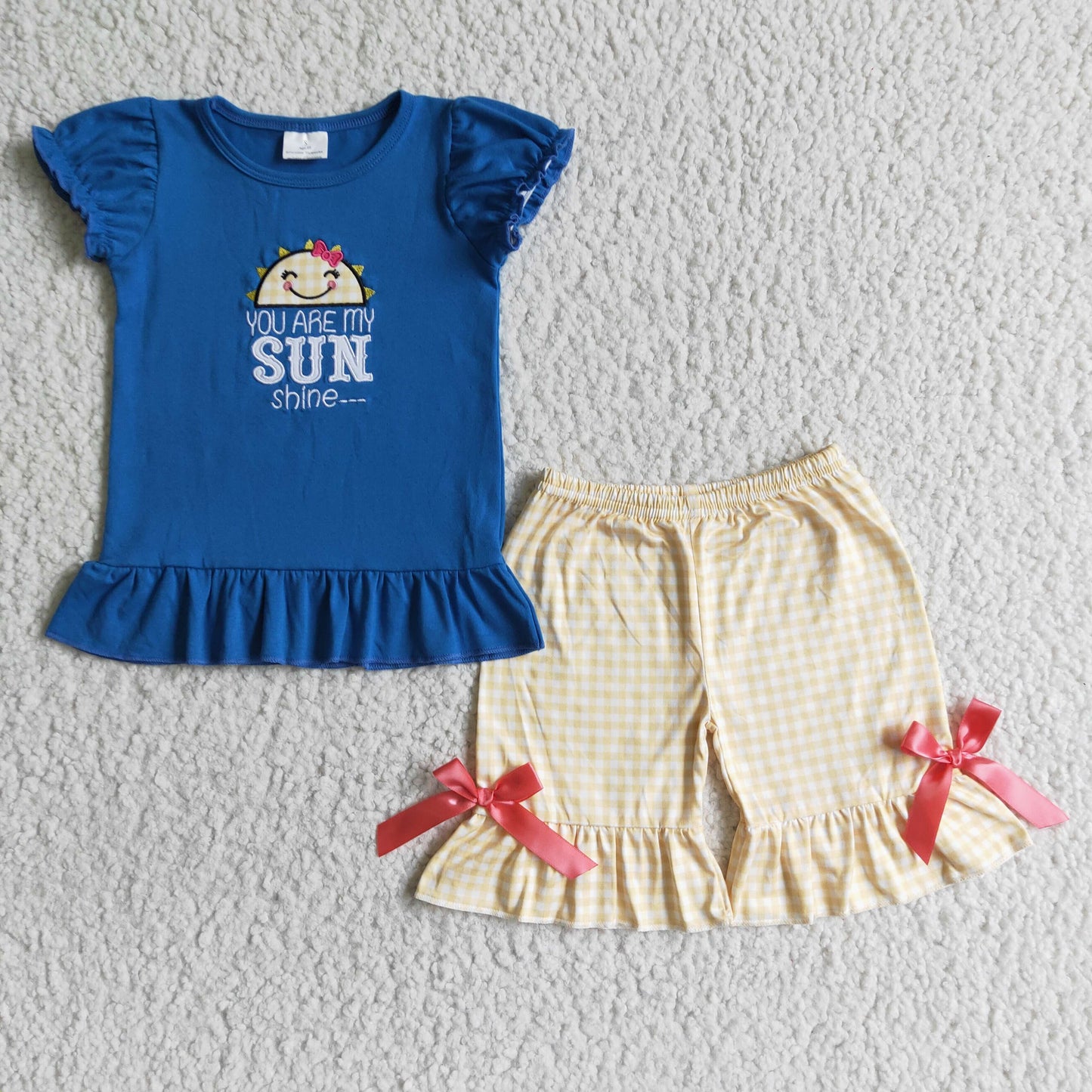 GSSO0096 Blue Yellow You Are My Sun Shine Embroidery Girls Short Sleeve Shorts Outfits