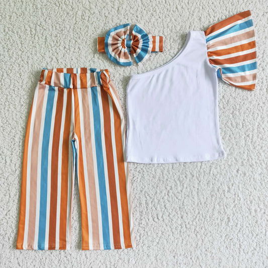 GSPO0076 Red Blue Stripes White Single Sleeve With Bow Headband 3pcs Girls Short Sleeve Bell Bottom Pants Outfits