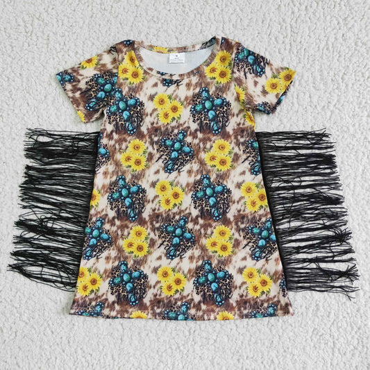 GSD0056 Blue Leopard Yellow Sunflower Tassel Girls Short Sleeve Dresses