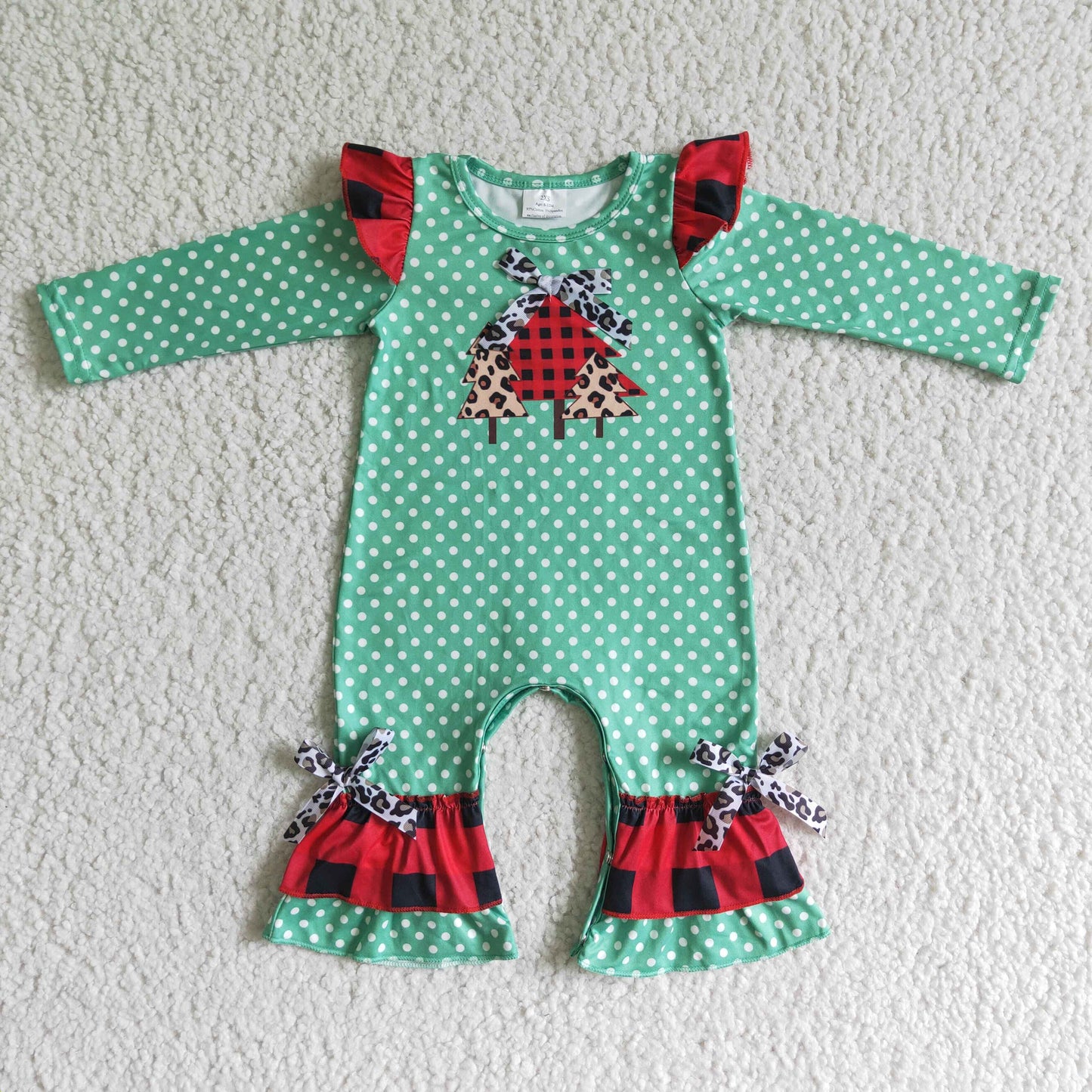 6 A1-26-2 Christmas Tree Green Dots Girls Long Sleeve Romper