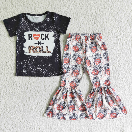 E2-30 Rock Black Red Bleach Lip Mouth Music Band Singer Cartoon Girls Short Sleeve Bell Bottom Pants Outfits