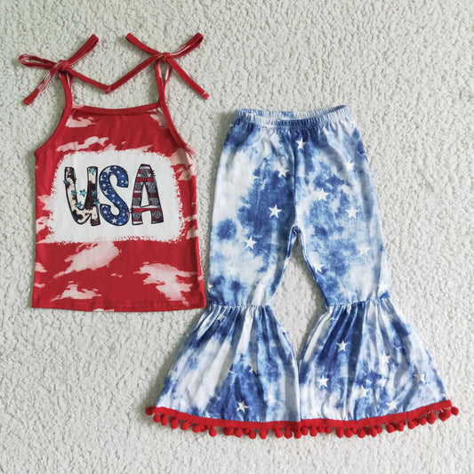 GSPO0068 4th Of July USA Red Blue Girls Sleeveless Bell Bottom Pants Outfits