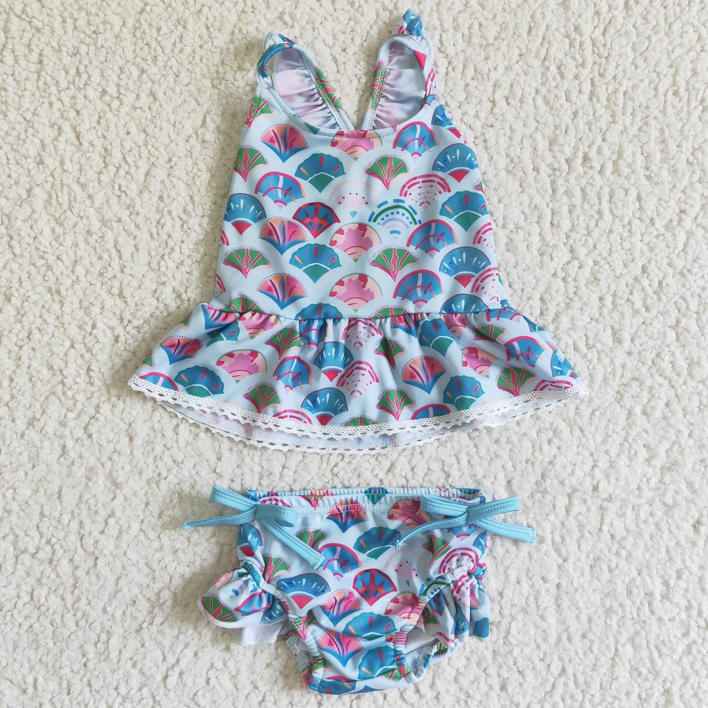 S0027 Blue Pink Fish Scale Girls Swimming Bathing Suits Swimsuits