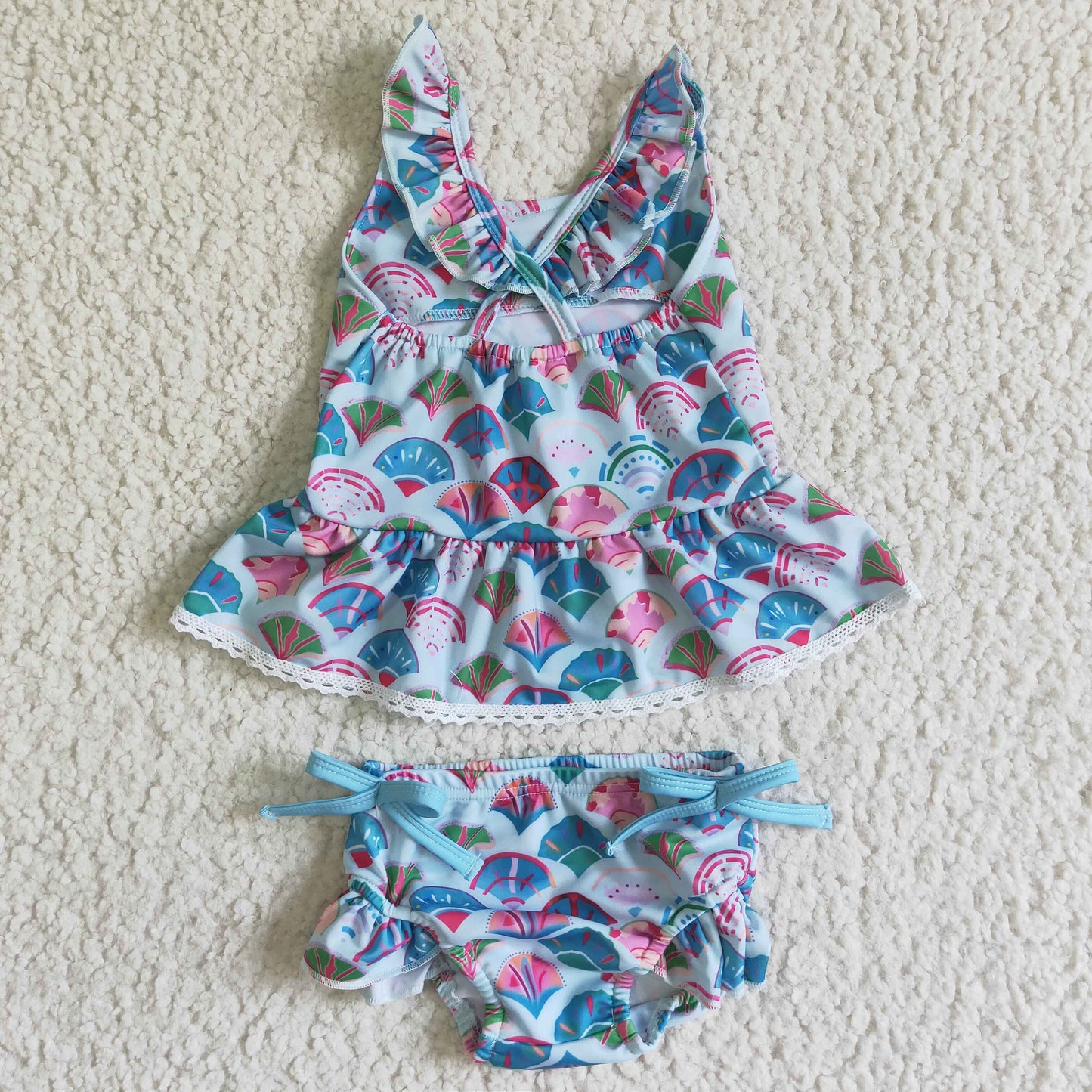 S0027 Blue Pink Fish Scale Girls Swimming Bathing Suits Swimsuits