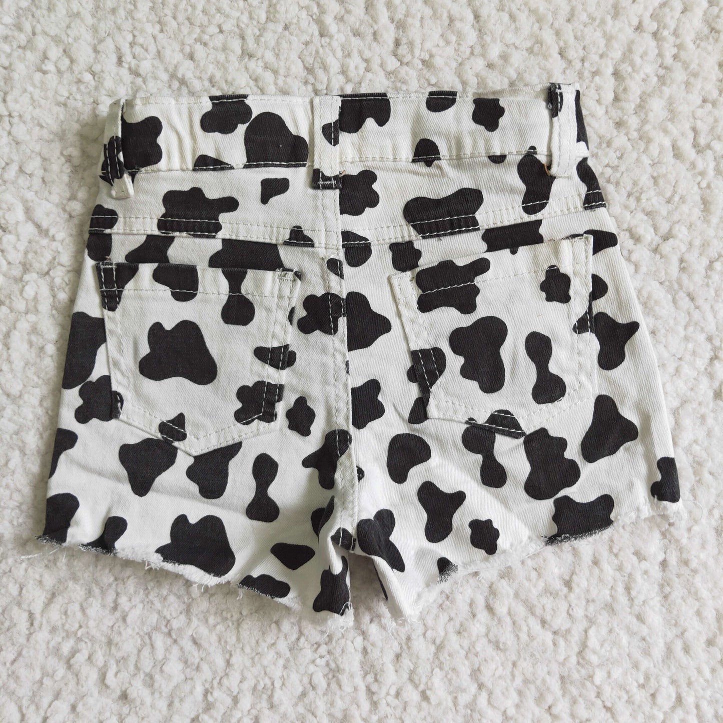 SS0027 Black White Cow Print Distress Girls Shorts Denim Jeans